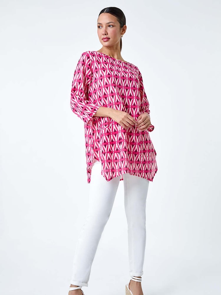 Roman Pink Geometric Pocket Detail Longline 100% Cotton Top - Image 1 of 5