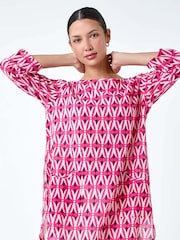 Roman Pink Geometric Pocket Detail Longline 100% Cotton Top - Image 2 of 5