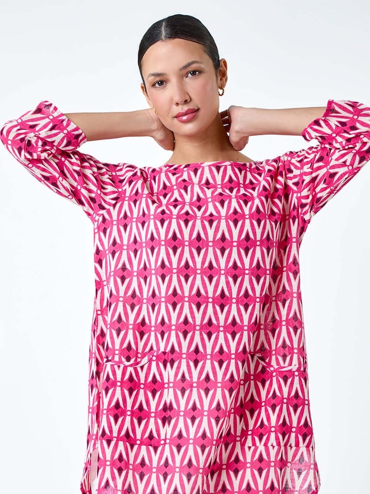 Roman Pink Geometric Pocket Detail Longline 100% Cotton Top - Image 2 of 5