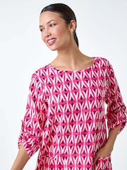Roman Pink Geometric Pocket Detail Longline 100% Cotton Top - Image 4 of 5