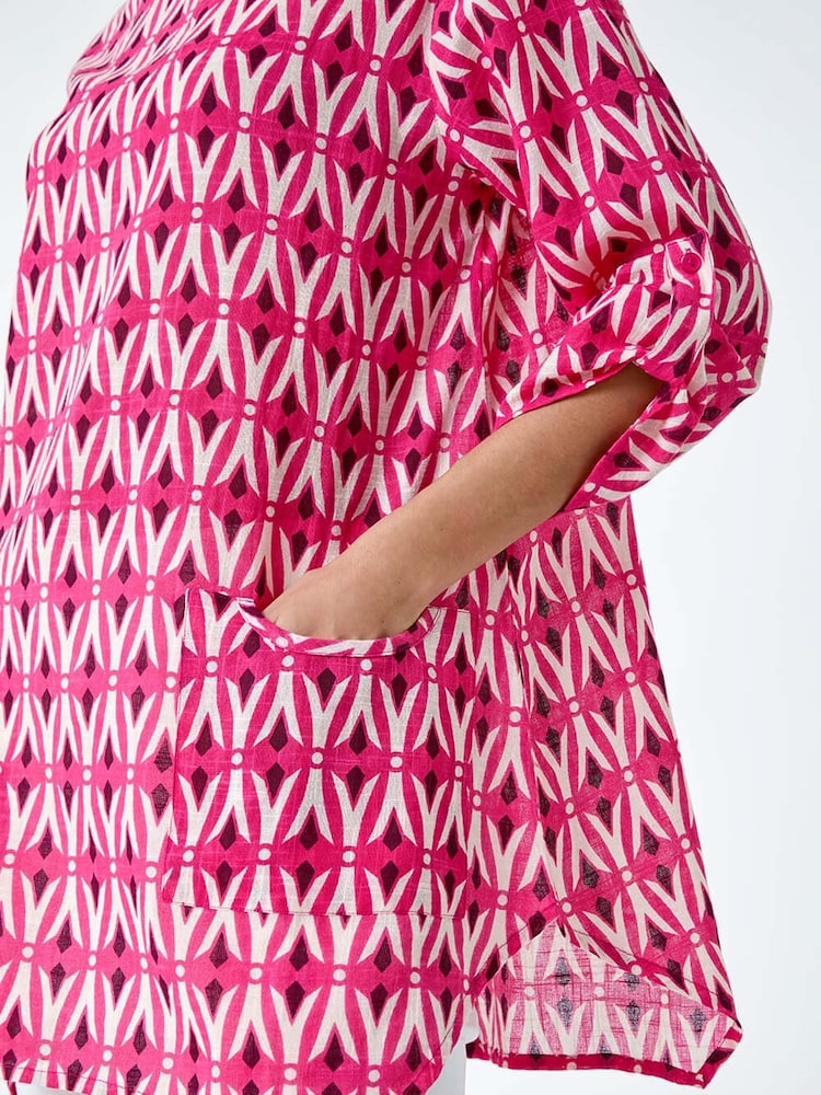 Roman Pink Geometric Pocket Detail Longline 100% Cotton Top - Image 5 of 5
