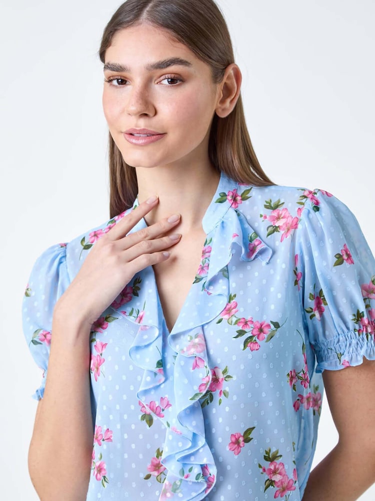 Roman Blue Textured Spot Floral Print Frill Top - Image 1 of 5