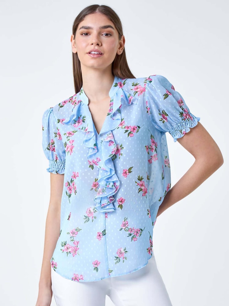 Roman Blue Textured Spot Floral Print Frill Top - Image 2 of 5