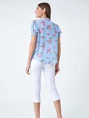 Roman Blue Textured Spot Floral Print Frill Top - Image 3 of 5