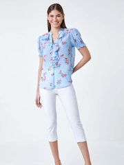 Roman Blue Textured Spot Floral Print Frill Top - Image 4 of 5
