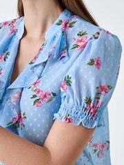 Roman Blue Textured Spot Floral Print Frill Top - Image 5 of 5