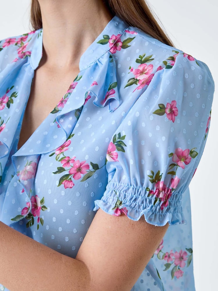 Roman Blue Textured Spot Floral Print Frill Top - Image 5 of 5