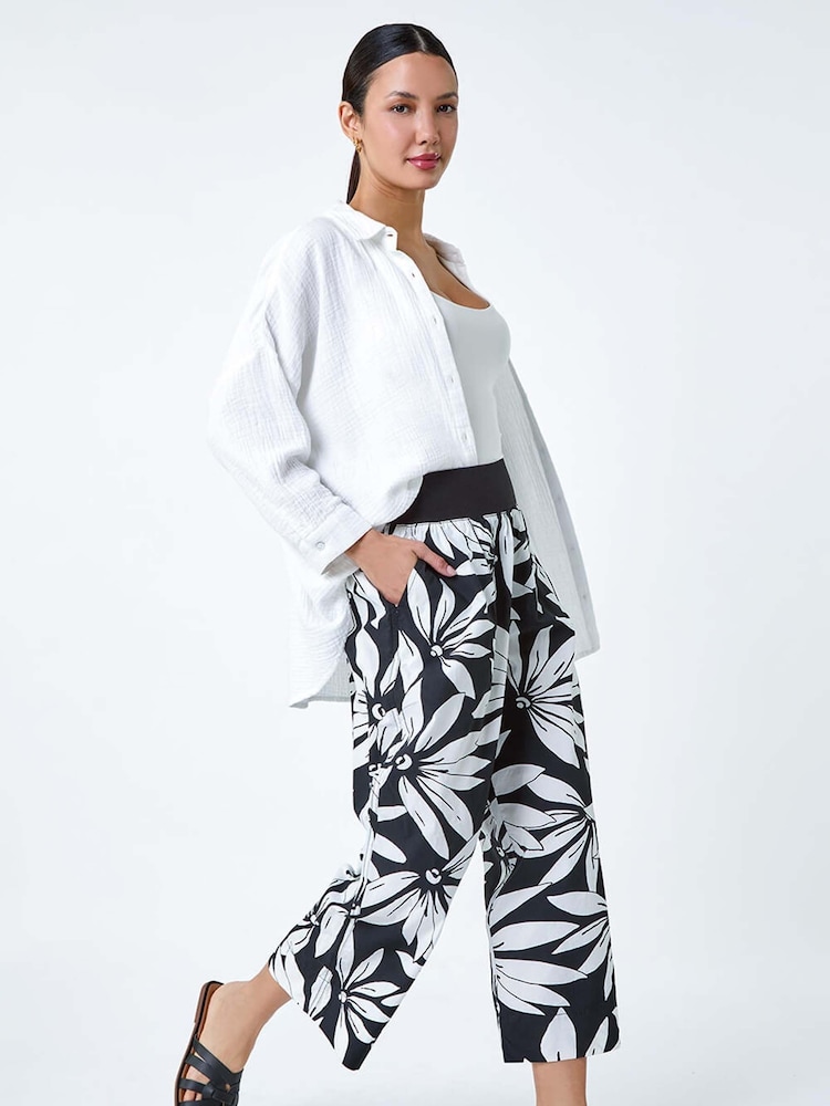 Roman Black Floral Wide Leg 100% Cotton Culottes - Image 2 of 5