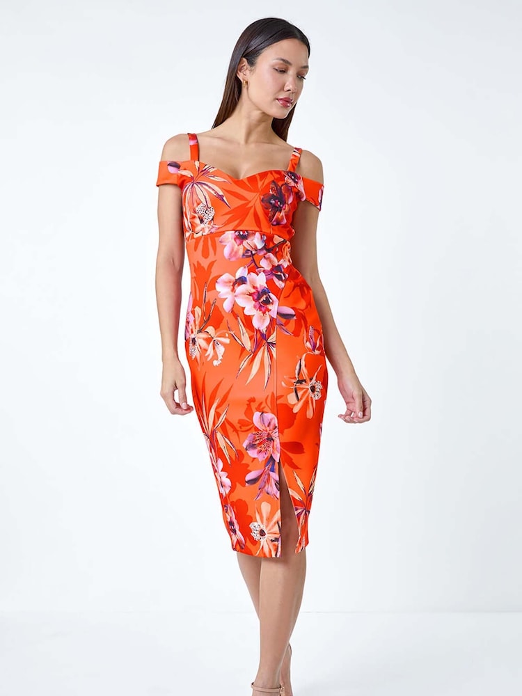 Roman Orange Premium Stretch Floral Cold Shoulder Dress - Image 1 of 5
