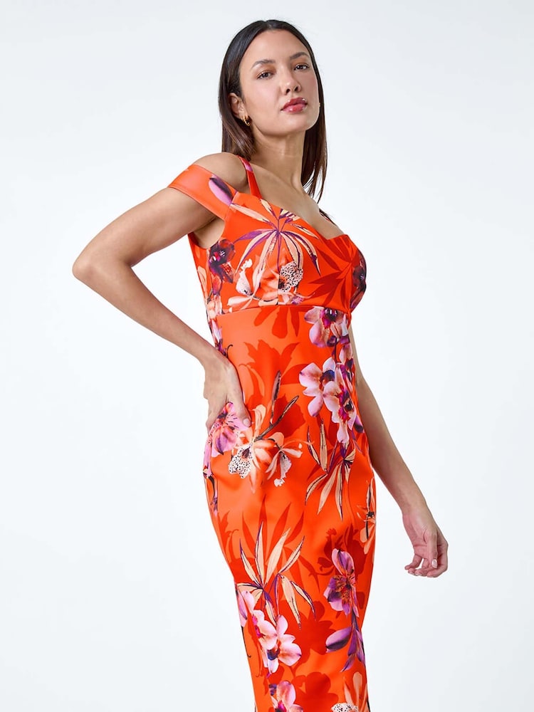 Roman Orange Premium Stretch Floral Cold Shoulder Dress - Image 2 of 5