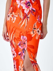 Roman Orange Premium Stretch Floral Cold Shoulder Dress - Image 5 of 5