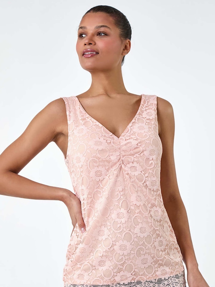 Roman Pink Lace Twist Front Stretch Top - Image 2 of 5