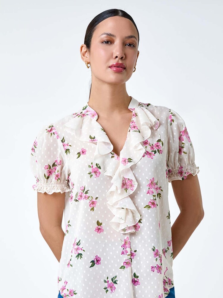 Roman White Textured Spot Floral Print Frill Top - Image 1 of 5 Roman White Textured Spot Floral Print Frill Top - Image 1 of 5