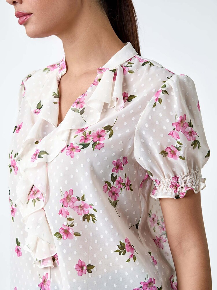 Roman White Textured Spot Floral Print Frill Top - Image 2 of 5 Roman White Textured Spot Floral Print Frill Top - Image 2 of 5