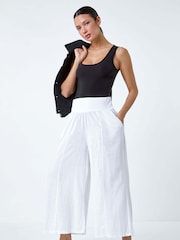 Roman White Linen Blend Stretch Waist Culottes - Image 1 of 5