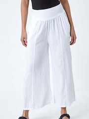 Roman White Linen Blend Stretch Waist Culottes - Image 4 of 5