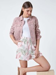 Roman Pink Leaf Print Linen Blend Pocket Shorts - Image 1 of 5