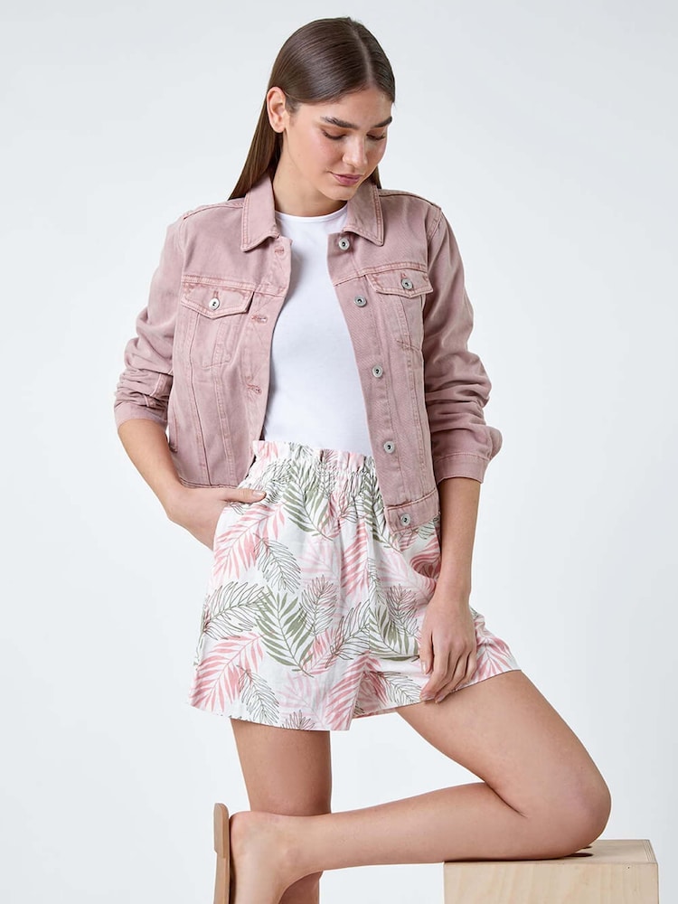 Roman Pink Leaf Print Linen Blend Pocket Shorts - Image 1 of 5