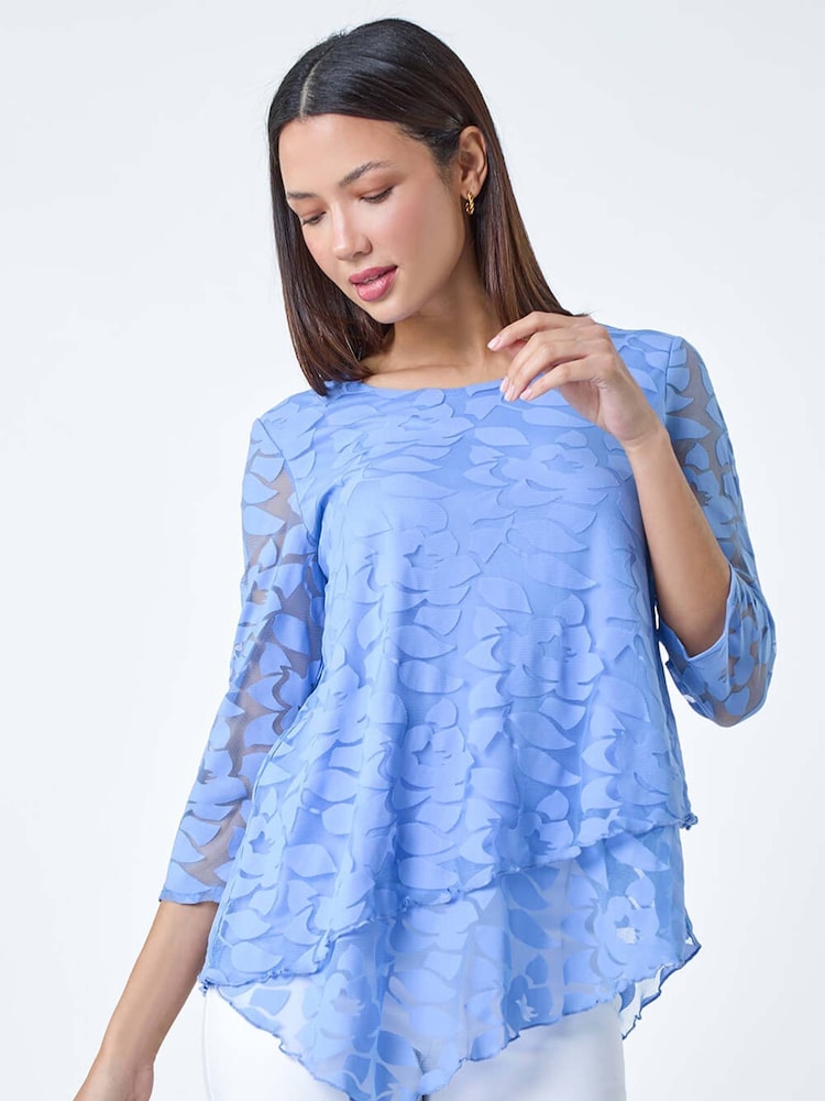 Roman Blue Burnout Leaf Asymmetric Stretch Top - Image 1 of 5