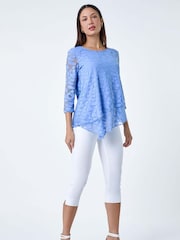 Roman Blue Burnout Leaf Asymmetric Stretch Top - Image 2 of 5