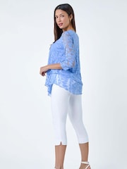 Roman Blue Burnout Leaf Asymmetric Stretch Top - Image 3 of 5