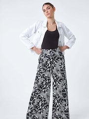 Roman Black Leaf Linen Blend Wide Leg Trousers - Image 1 of 5