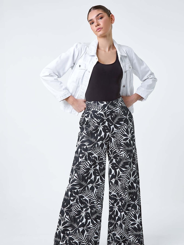 Roman Black Leaf Linen Blend Wide Leg Trousers - Image 1 of 5