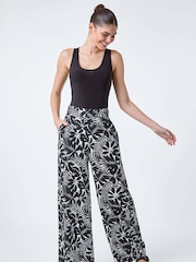 Roman Black Leaf Linen Blend Wide Leg Trousers - Image 2 of 5