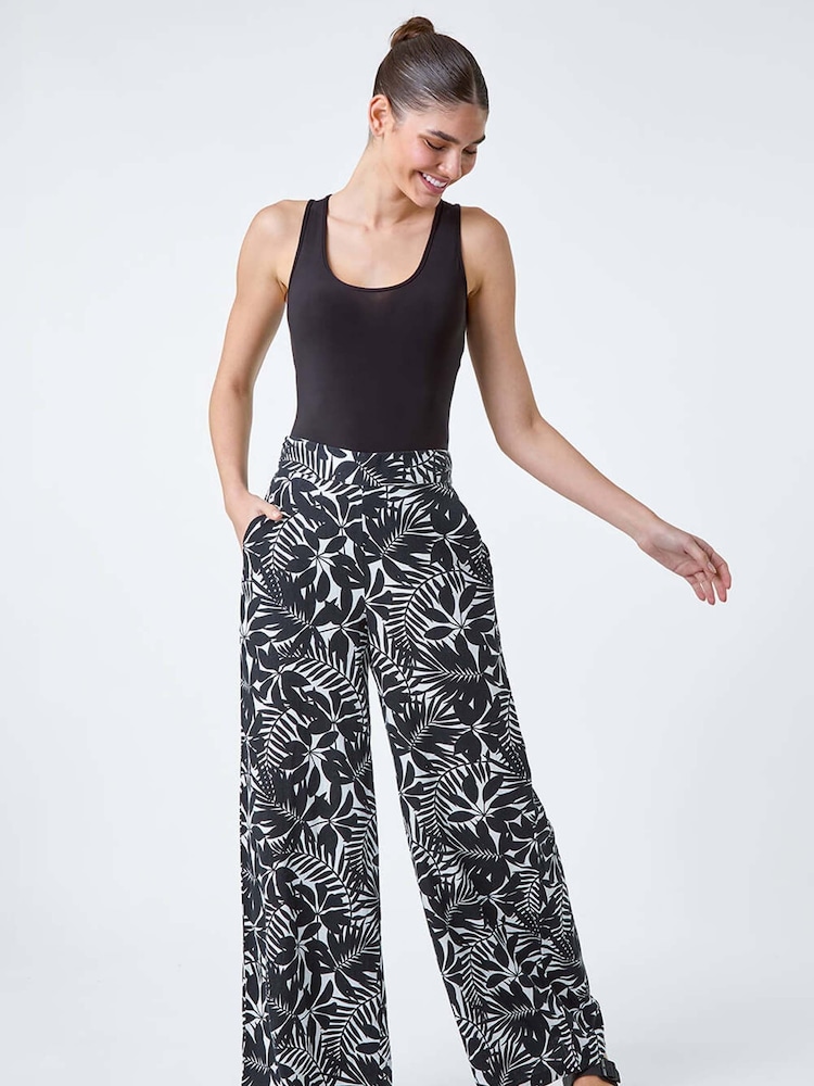 Roman Black Leaf Linen Blend Wide Leg Trousers - Image 2 of 5