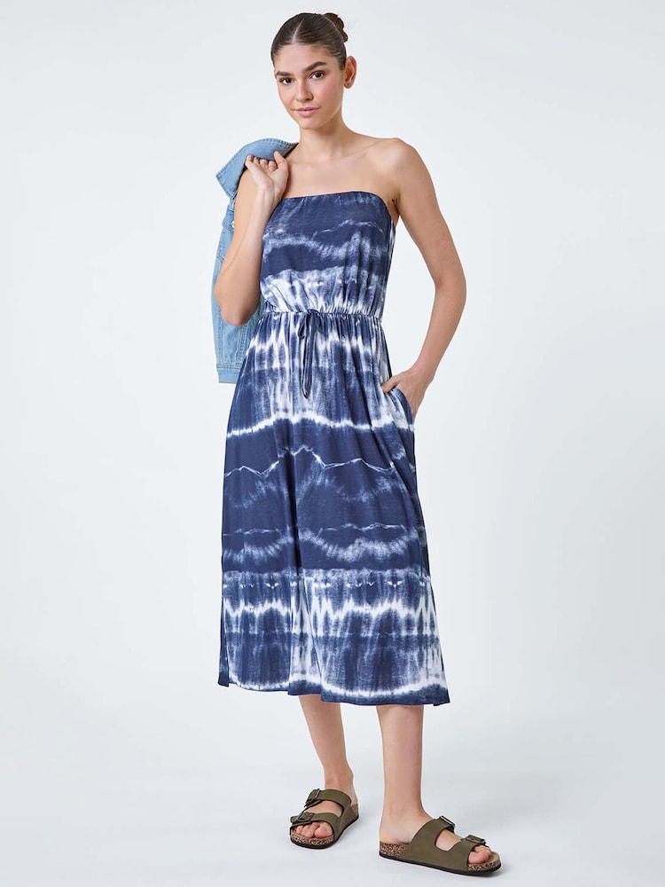 Roman Blue Tie Dye Stretch Bandeau Midi Dress - Image 1 of 5
