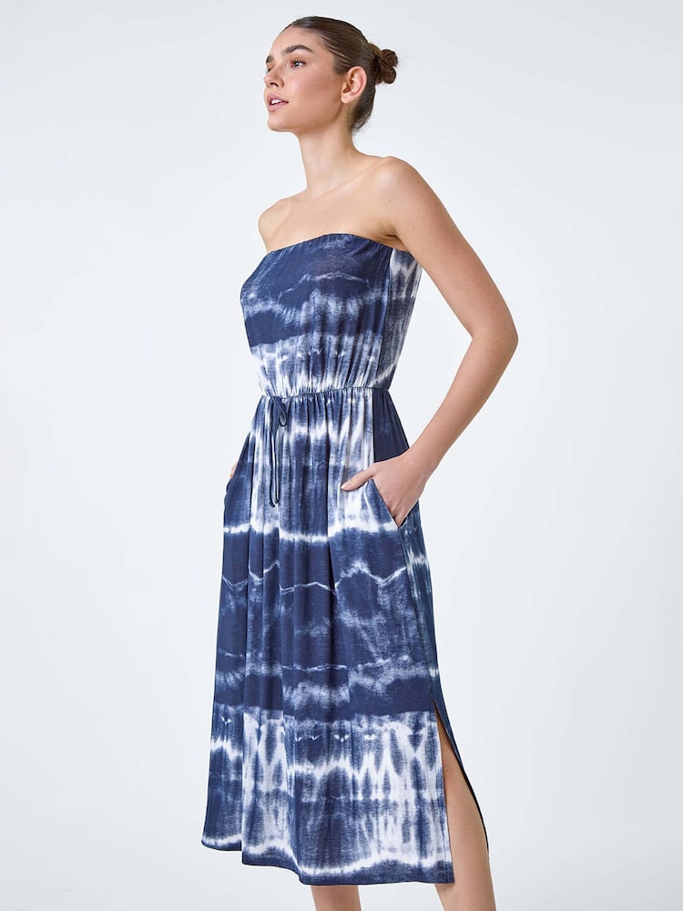 Roman Blue Tie Dye Stretch Bandeau Midi Dress - Image 2 of 5