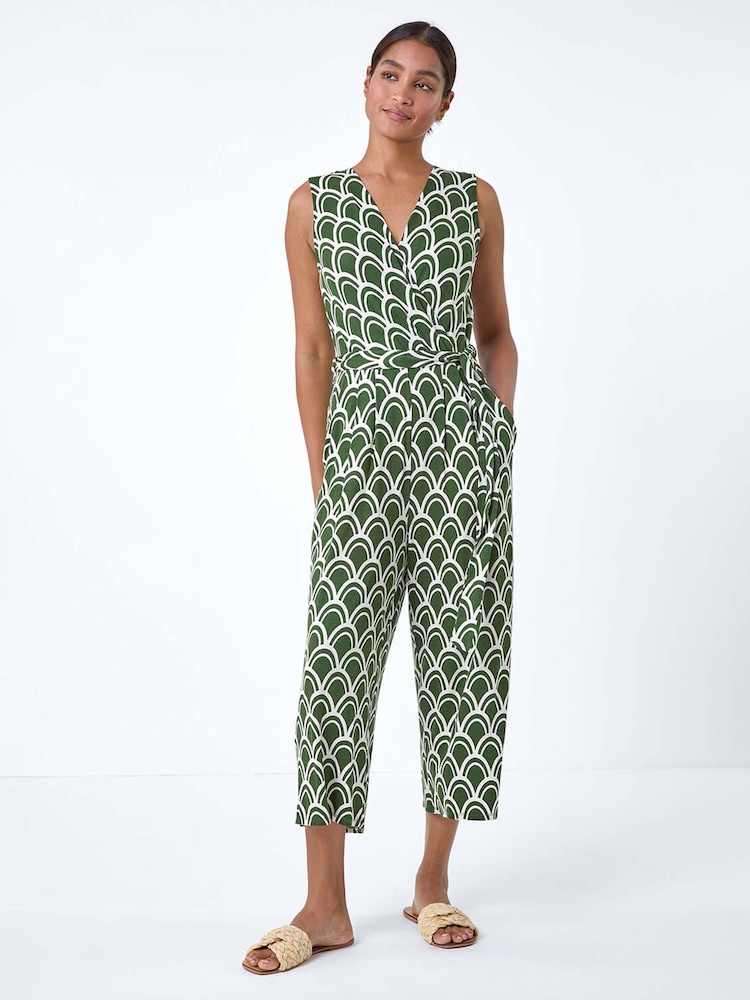 Roman Green Sleeveless Shell Print Stretch Jumpsuit - Image 1 of 5