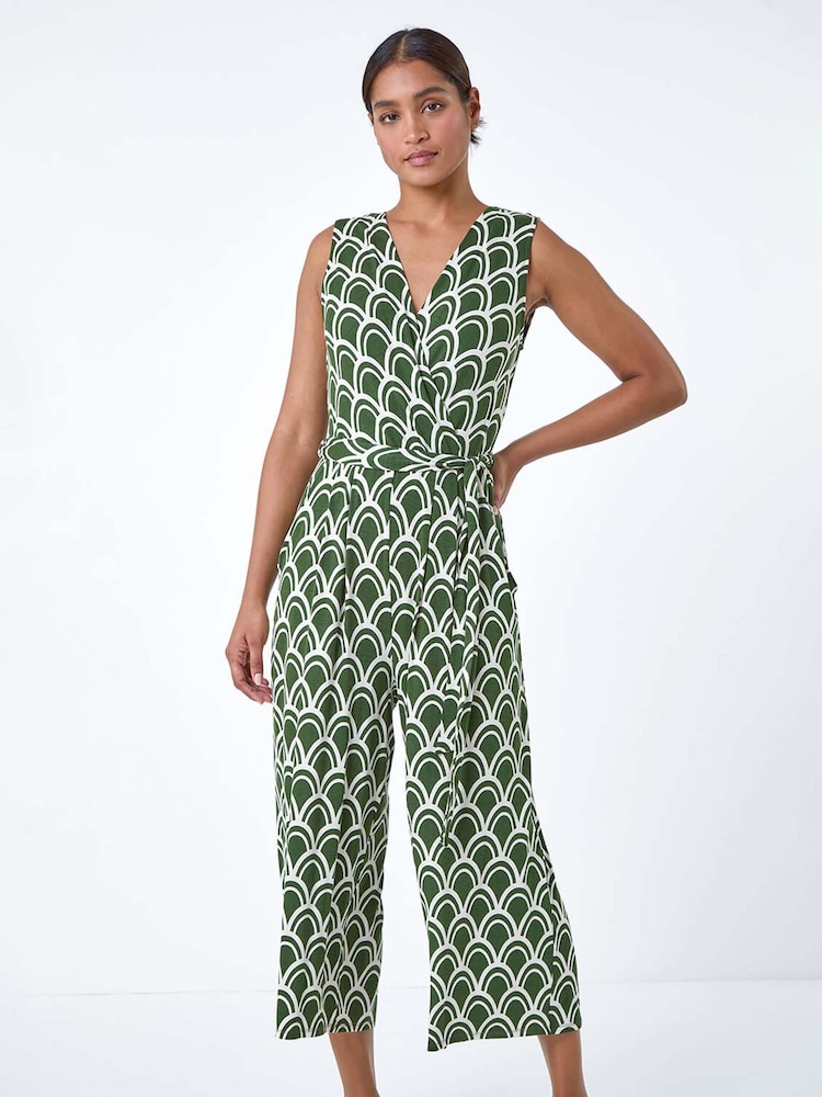Roman Green Sleeveless Shell Print Stretch Jumpsuit - Image 2 of 5