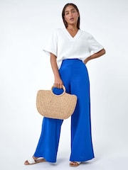 Roman Blue Linen Blend Wide Leg Trousers - Image 1 of 5