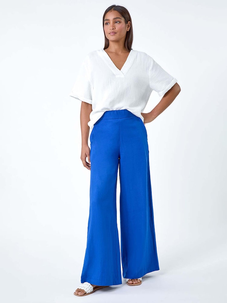 Roman Blue Linen Blend Wide Leg Trousers - Image 2 of 5