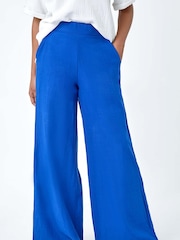 Roman Blue Linen Blend Wide Leg Trousers - Image 4 of 5