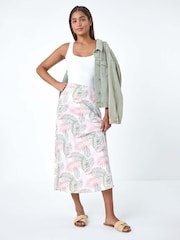 Roman Pink Tropical Print Linen Blend A-Line Skirt - Image 1 of 5