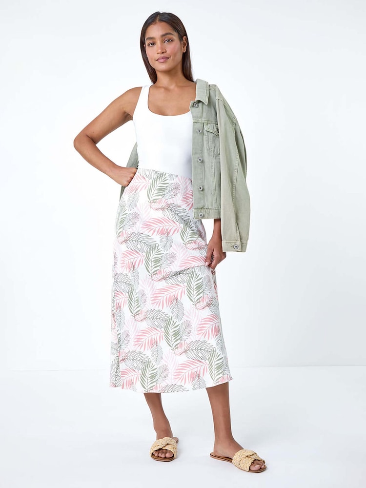 Roman Pink Tropical Print Linen Blend A-Line Skirt - Image 1 of 5