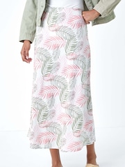 Roman Pink Tropical Print Linen Blend A-Line Skirt - Image 4 of 5
