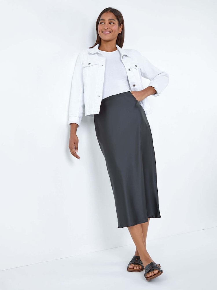 Roman Black Satin Bias Cut Midi Skirt - Image 1 of 5 Roman Black Satin Bias Cut Midi Skirt - Image 1 of 5