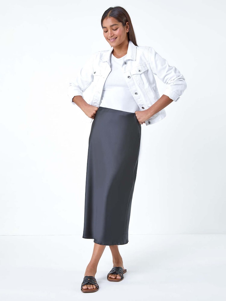 Roman Black Satin Bias Cut Midi Skirt - Image 2 of 5 Roman Black Satin Bias Cut Midi Skirt - Image 2 of 5