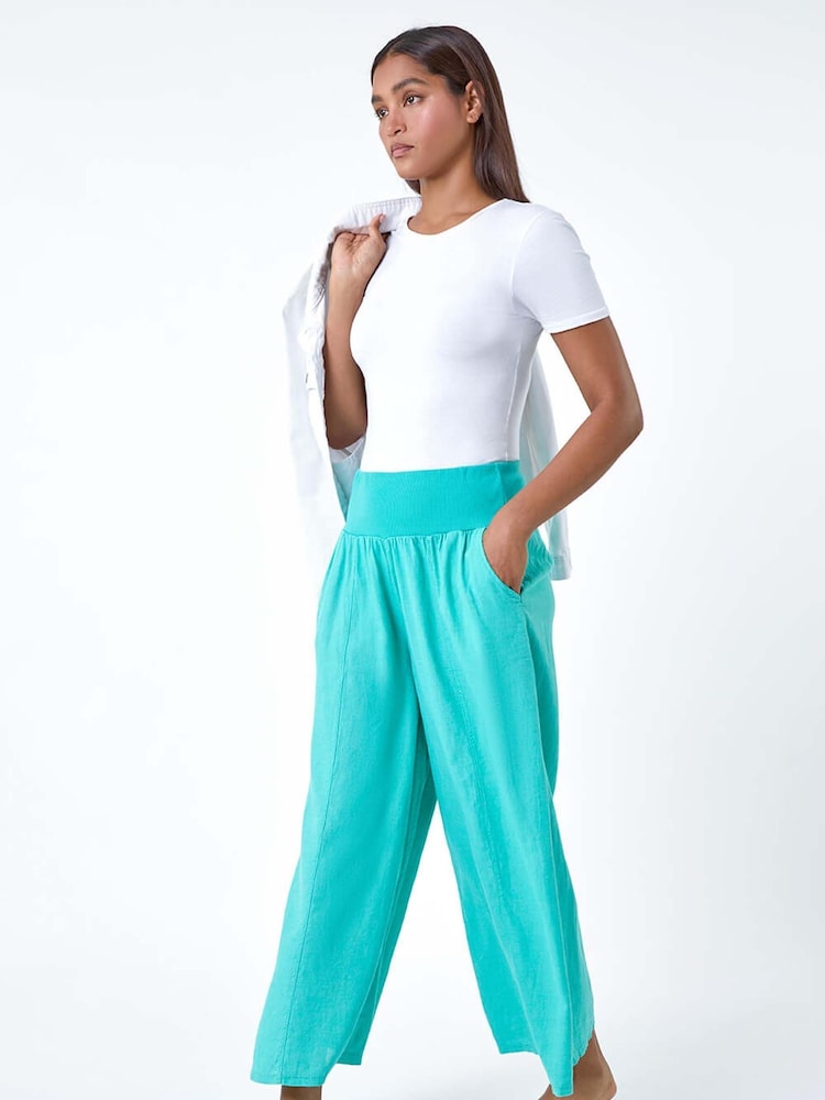 Roman Green Linen Blend Stretch Waist Culottes - Image 2 of 5