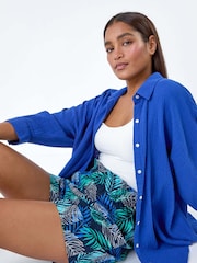 Roman Blue Leaf Print Linen Blend Pocket Shorts - Image 1 of 5