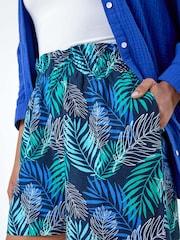 Roman Blue Leaf Print Linen Blend Pocket Shorts - Image 5 of 5
