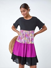 Roman Pink Colour Block Print Tiered Smock Dress With Linen - Image 1 of 5
