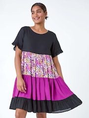 Roman Pink Colour Block Print Tiered Smock Dress With Linen - Image 2 of 5