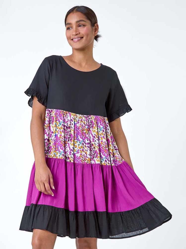 Roman Pink Colour Block Print Tiered Smock Dress With Linen - Image 2 of 5
