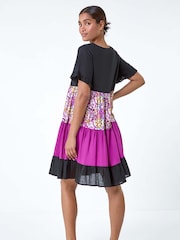 Roman Pink Colour Block Print Tiered Smock Dress With Linen - Image 3 of 5