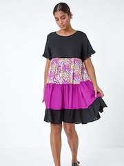 Roman Pink Colour Block Print Tiered Smock Dress With Linen - Image 4 of 5