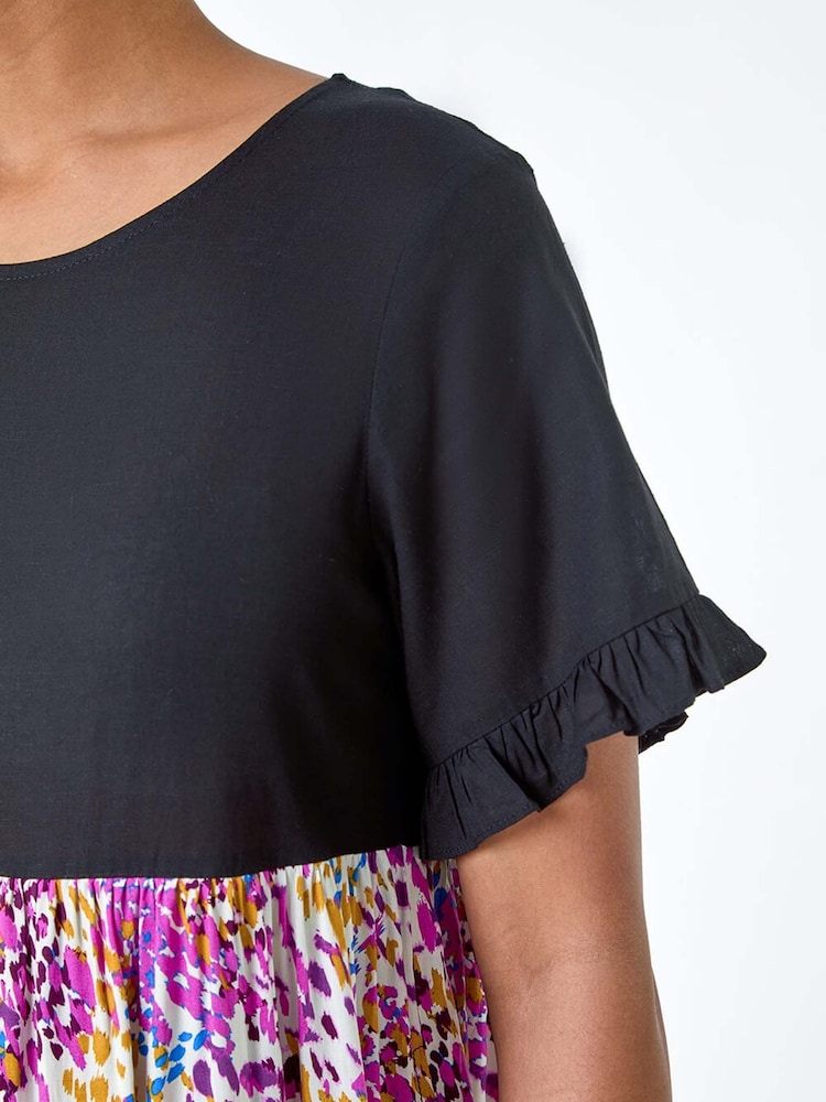 Roman Pink Colour Block Print Tiered Smock Dress With Linen - Image 5 of 5